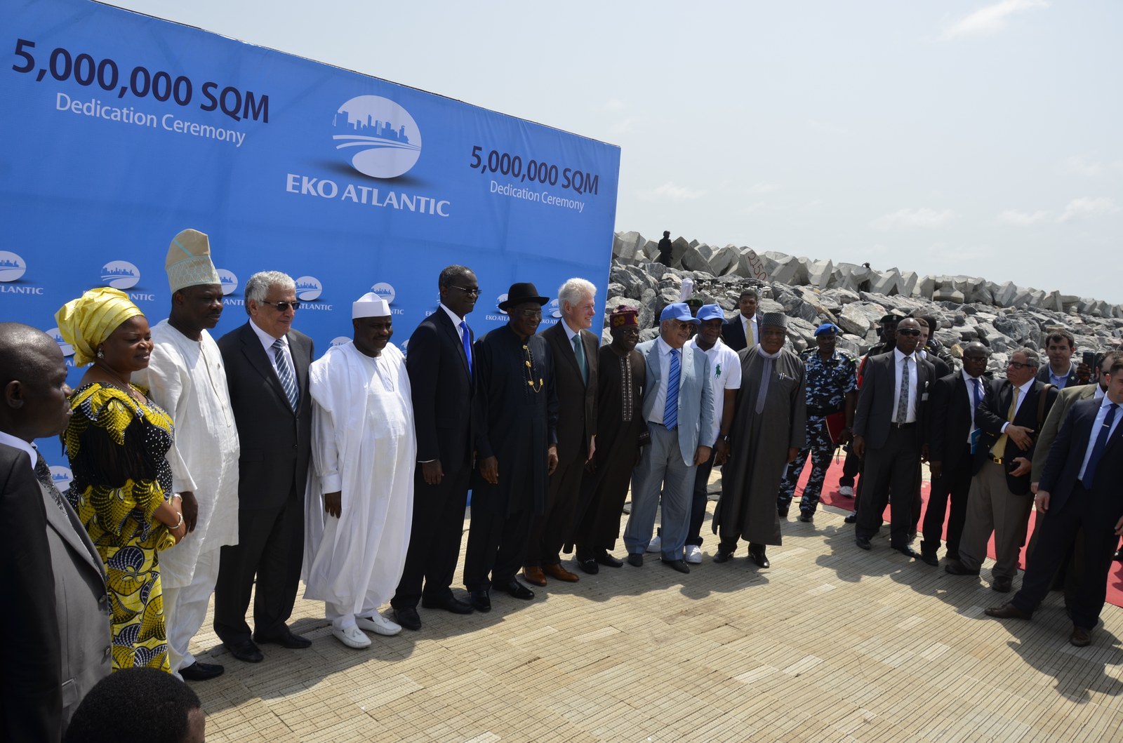 Official group photograph at the Eko Atlantic City 5,000,000 SQM Dedication Ceremony, February 2013, attended by the President of Nigeria, the 42nd President of the United States, and the Governor of Lagos State